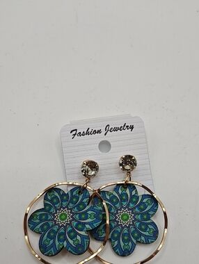 Fashion Jewelry Blue & Green Floral Hoop Drop Earrings with Gold-Tone Hoops